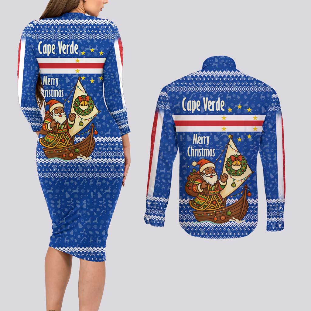 Cape Verde Christmas Couples Matching Long Sleeve Bodycon Dress and Long Sleeve Button Shirt with Blue Festive Pattern Sailing Santa and National Emblem Motif - Wonder Print Shop