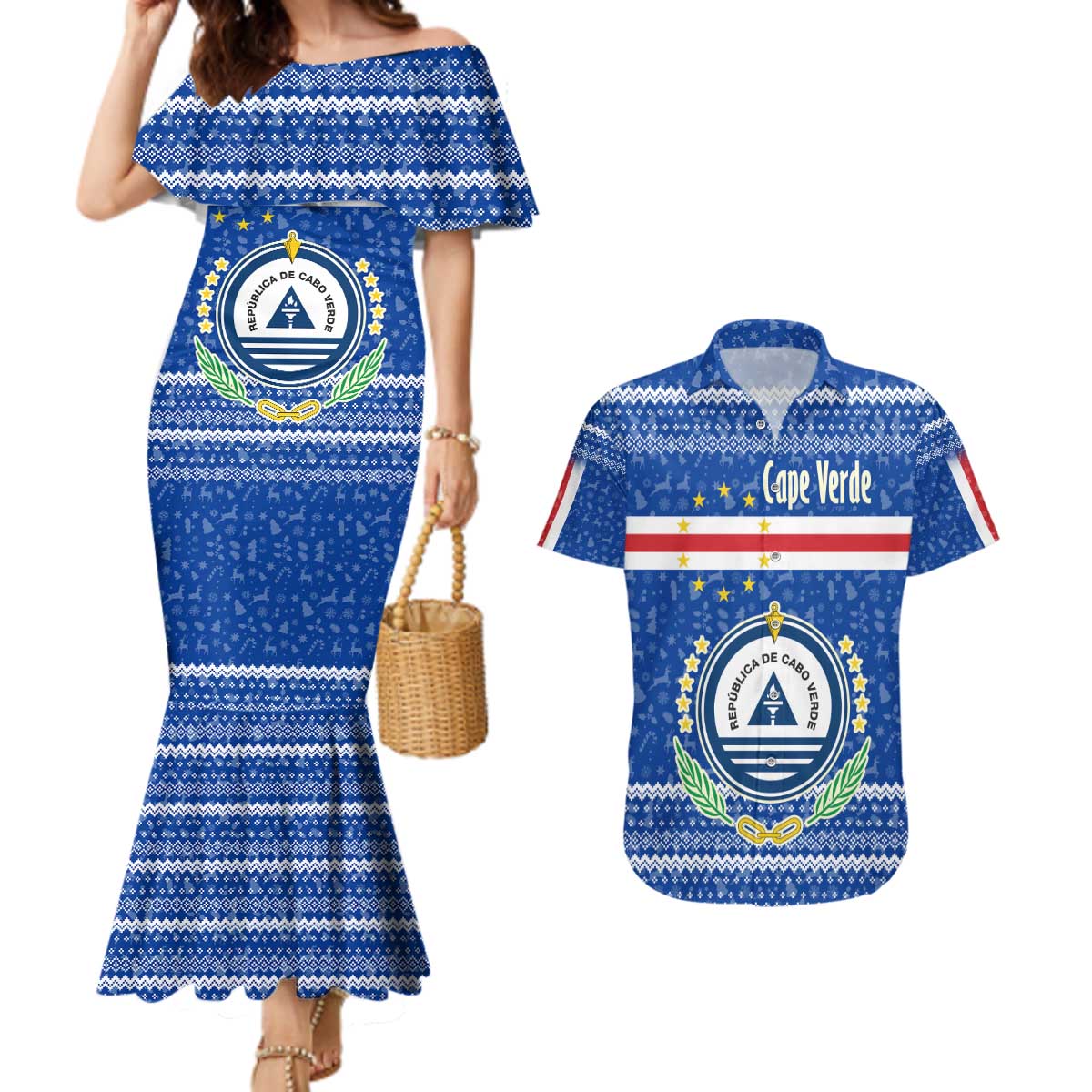 Cape Verde Christmas Couples Matching Mermaid Dress and Hawaiian Shirt with Blue Festive Pattern Sailing Santa and National Emblem Motif - Wonder Print Shop