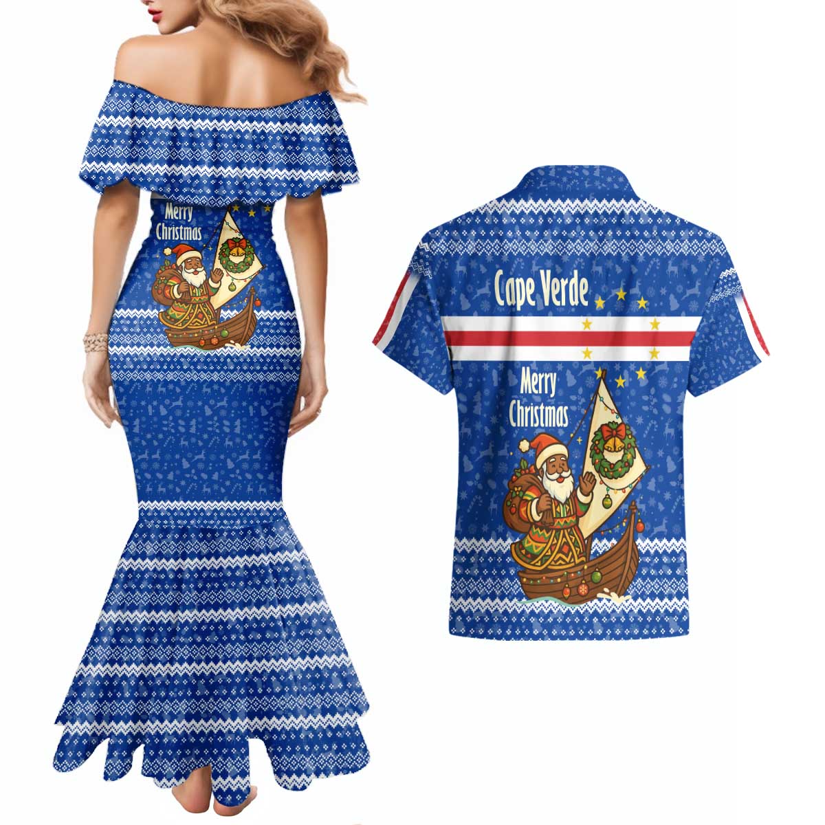 Cape Verde Christmas Couples Matching Mermaid Dress and Hawaiian Shirt with Blue Festive Pattern Sailing Santa and National Emblem Motif - Wonder Print Shop