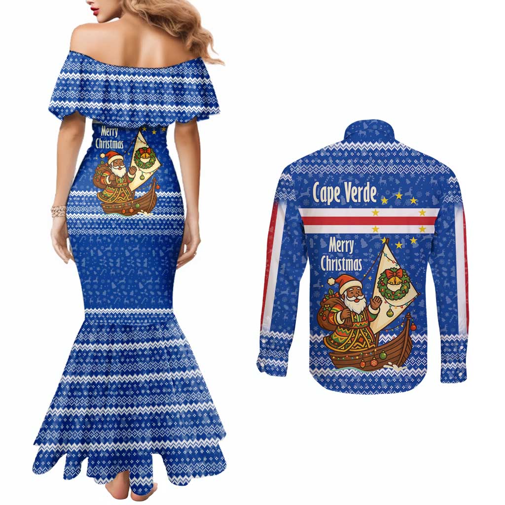 Cape Verde Christmas Couples Matching Mermaid Dress and Long Sleeve Button Shirt with Blue Festive Pattern Sailing Santa and National Emblem Motif - Wonder Print Shop