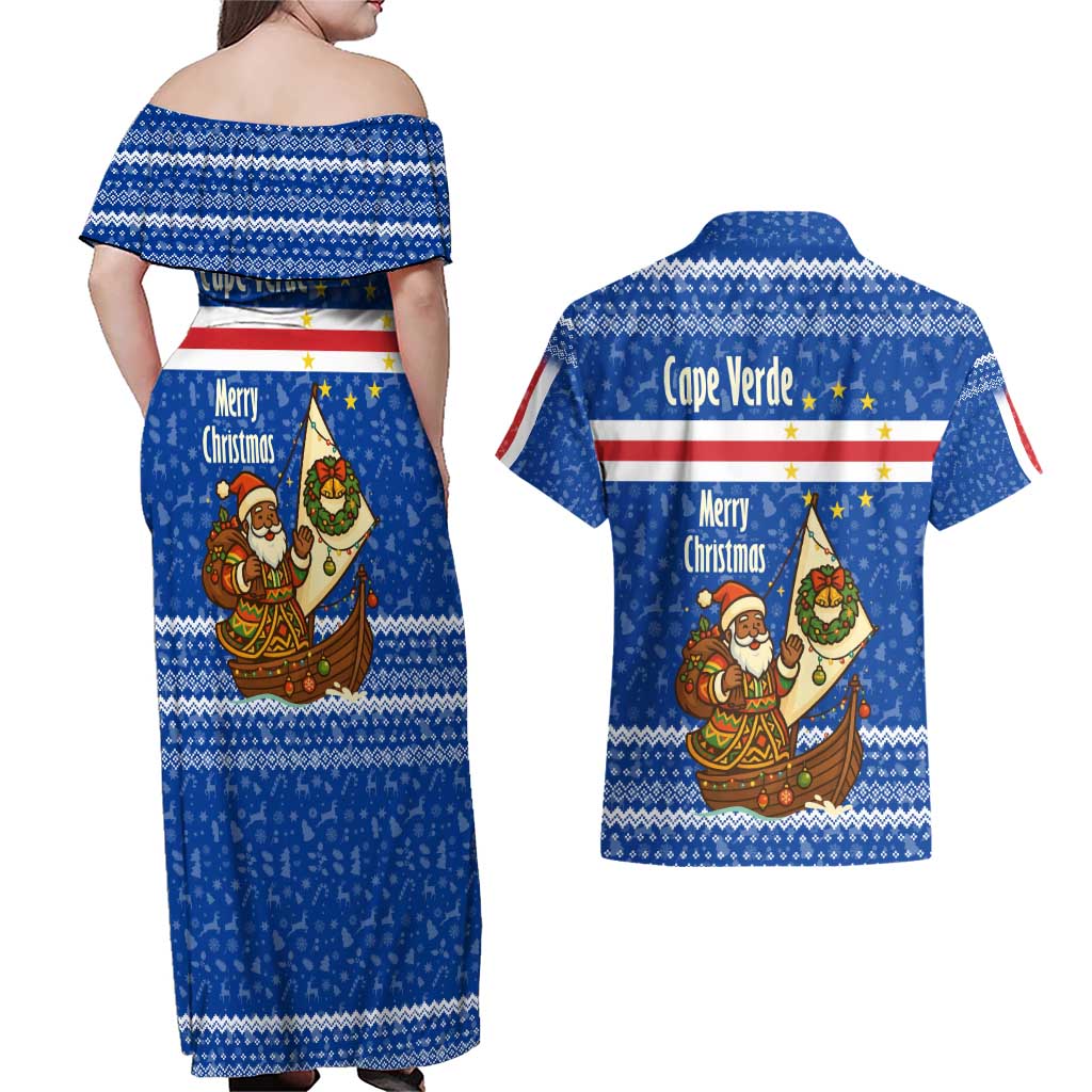 Cape Verde Christmas Couples Matching Off Shoulder Maxi Dress and Hawaiian Shirt with Blue Festive Pattern Sailing Santa and National Emblem Motif - Wonder Print Shop