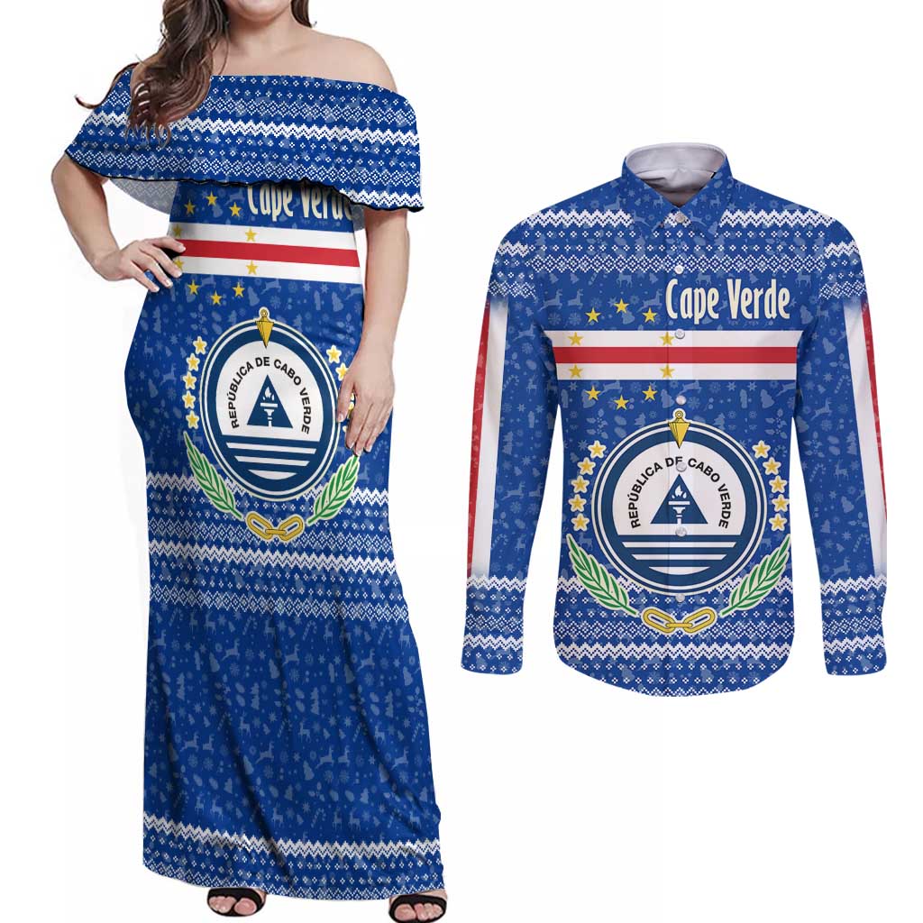 Cape Verde Christmas Couples Matching Off Shoulder Maxi Dress and Long Sleeve Button Shirt with Blue Festive Pattern Sailing Santa and National Emblem Motif - Wonder Print Shop