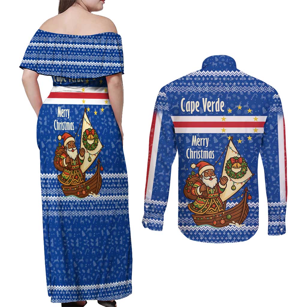 Cape Verde Christmas Couples Matching Off Shoulder Maxi Dress and Long Sleeve Button Shirt with Blue Festive Pattern Sailing Santa and National Emblem Motif - Wonder Print Shop