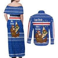 Cape Verde Christmas Couples Matching Off Shoulder Maxi Dress and Long Sleeve Button Shirt with Blue Festive Pattern Sailing Santa and National Emblem Motif - Wonder Print Shop