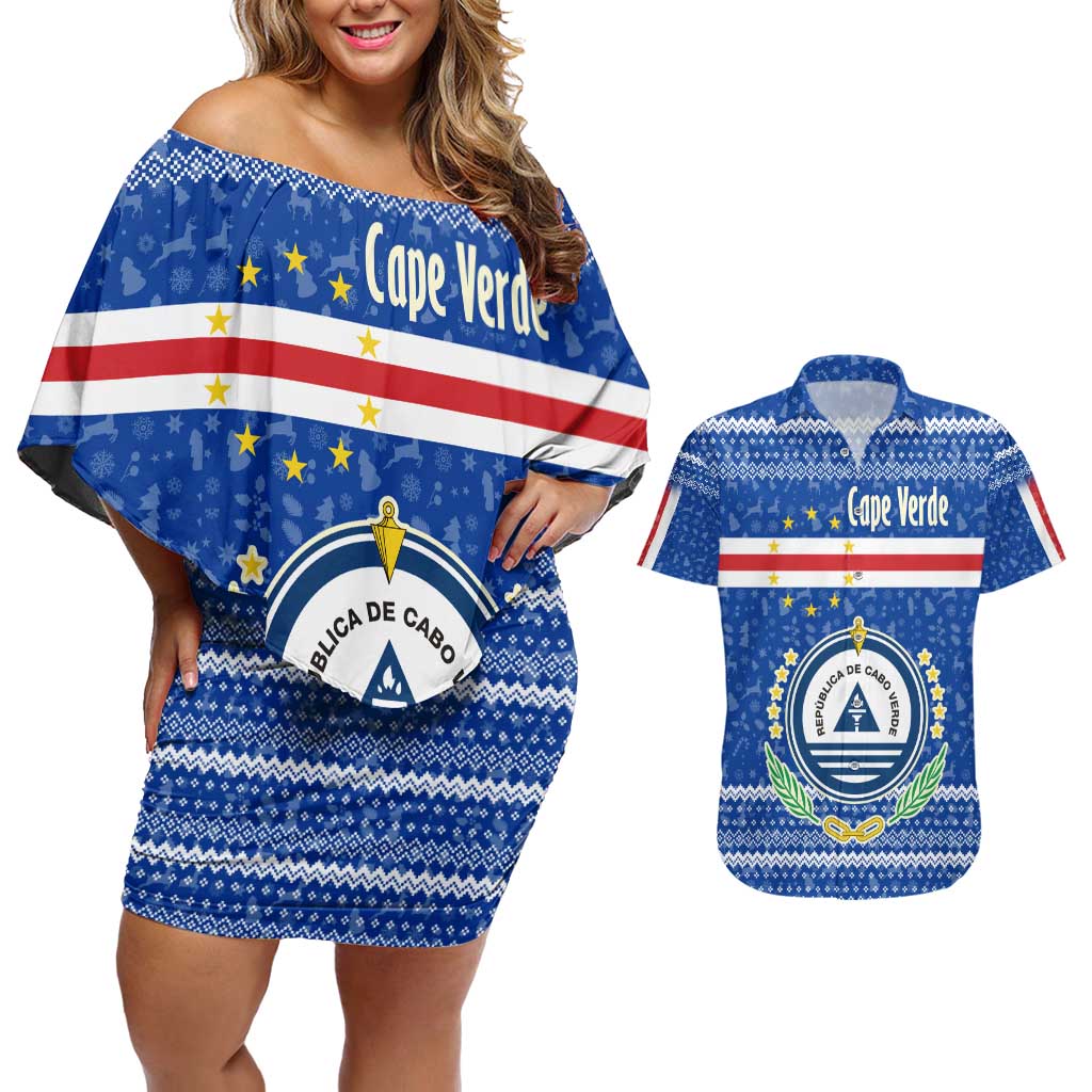Cape Verde Christmas Couples Matching Off Shoulder Short Dress and Hawaiian Shirt with Blue Festive Pattern Sailing Santa and National Emblem Motif - Wonder Print Shop