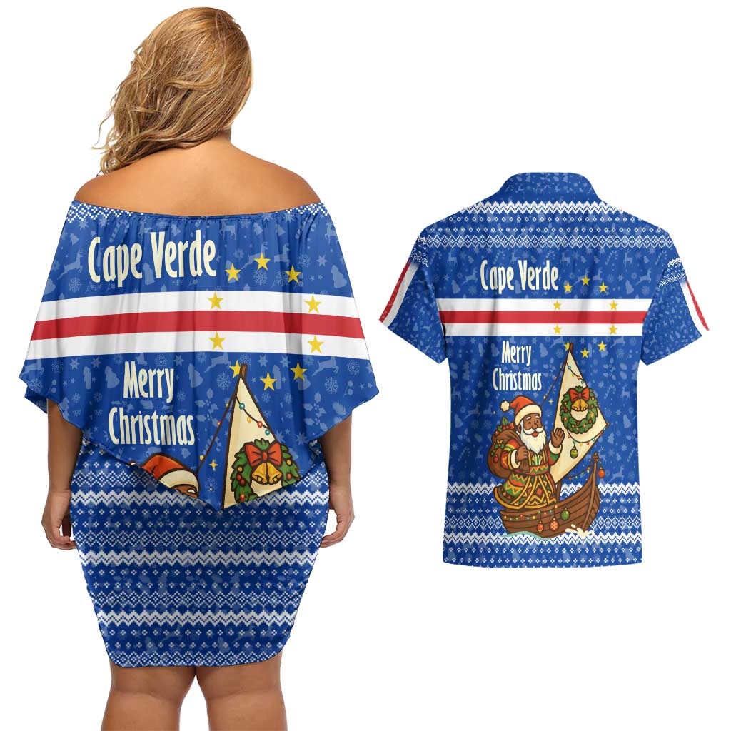 Cape Verde Christmas Couples Matching Off Shoulder Short Dress and Hawaiian Shirt with Blue Festive Pattern Sailing Santa and National Emblem Motif - Wonder Print Shop
