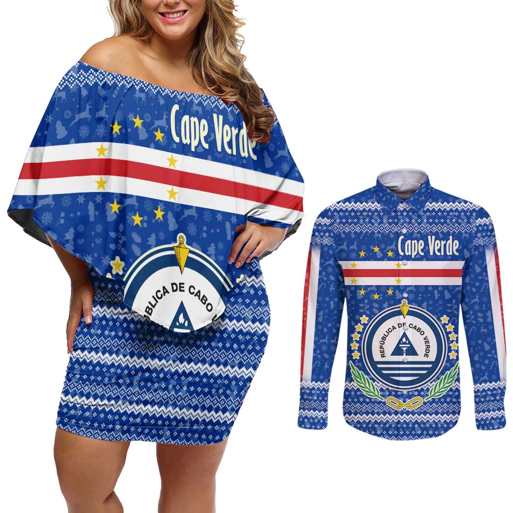 Cape Verde Christmas Couples Matching Off Shoulder Short Dress and Long Sleeve Button Shirt with Blue Festive Pattern Sailing Santa and National Emblem Motif - Wonder Print Shop
