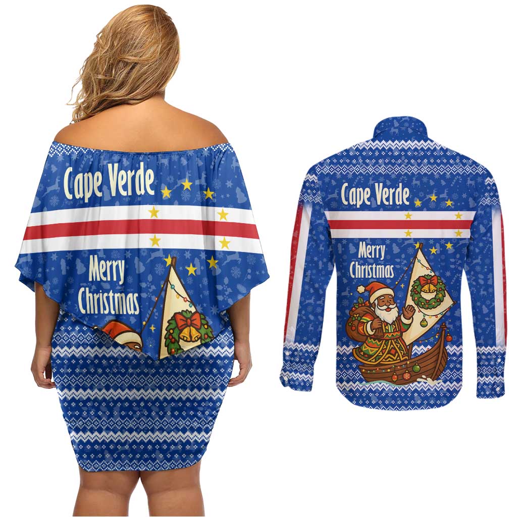 Cape Verde Christmas Couples Matching Off Shoulder Short Dress and Long Sleeve Button Shirt with Blue Festive Pattern Sailing Santa and National Emblem Motif - Wonder Print Shop