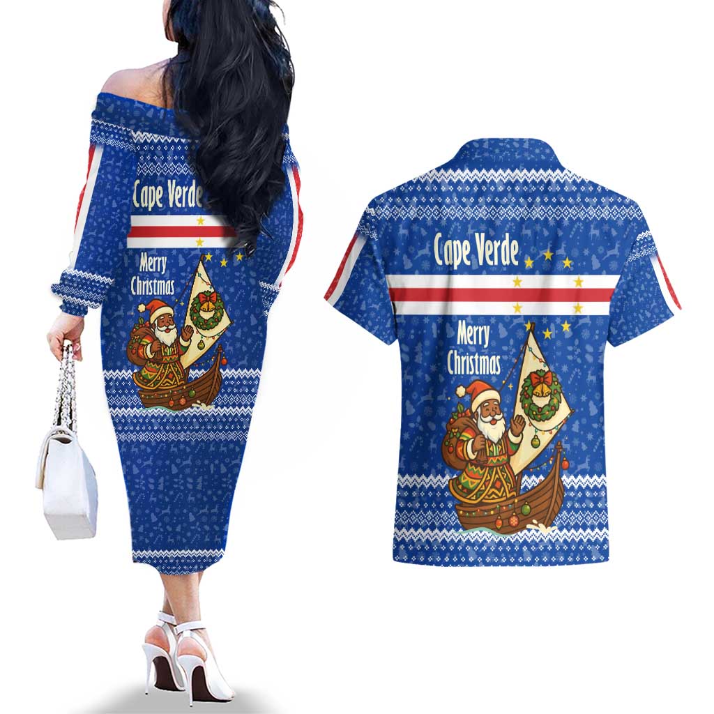 Cape Verde Christmas Couples Matching Off The Shoulder Long Sleeve Dress and Hawaiian Shirt with Blue Festive Pattern Sailing Santa and National Emblem Motif - Wonder Print Shop