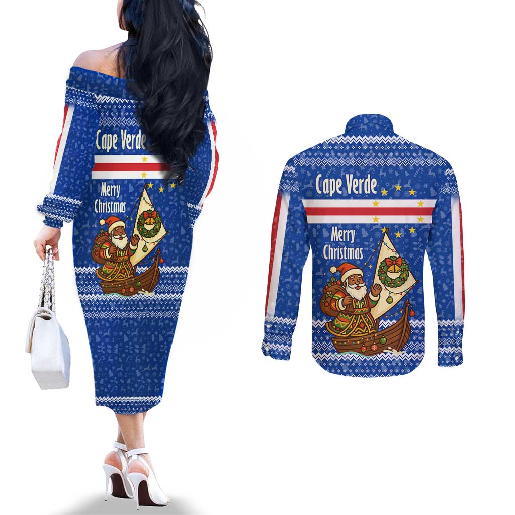 Cape Verde Christmas Couples Matching Off The Shoulder Long Sleeve Dress and Long Sleeve Button Shirt with Blue Festive Pattern Sailing Santa and National Emblem Motif - Wonder Print Shop