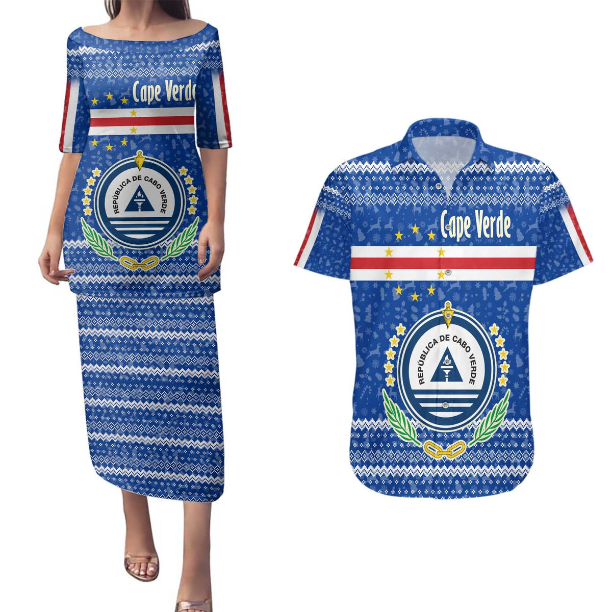 Cape Verde Christmas Couples Matching Puletasi and Hawaiian Shirt with Blue Festive Pattern Sailing Santa and National Emblem Motif - Wonder Print Shop