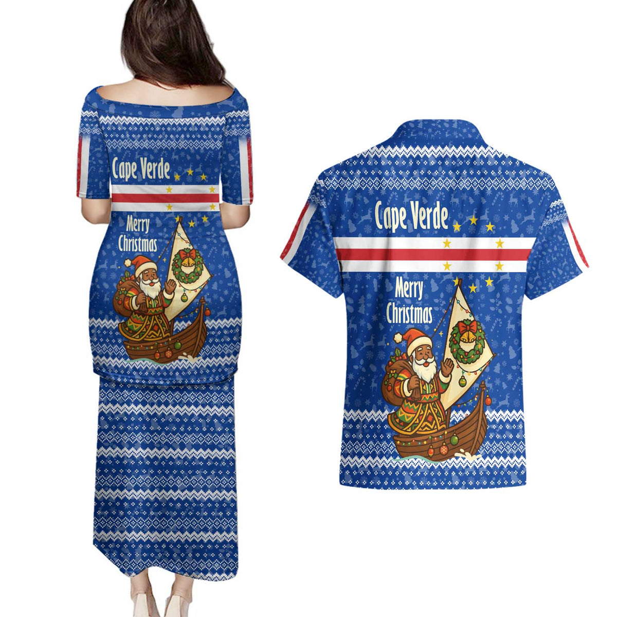 Cape Verde Christmas Couples Matching Puletasi and Hawaiian Shirt with Blue Festive Pattern Sailing Santa and National Emblem Motif - Wonder Print Shop