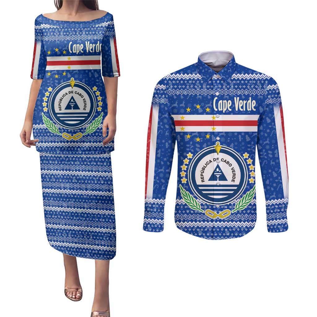 Cape Verde Christmas Couples Matching Puletasi and Long Sleeve Button Shirt with Blue Festive Pattern Sailing Santa and National Emblem Motif - Wonder Print Shop