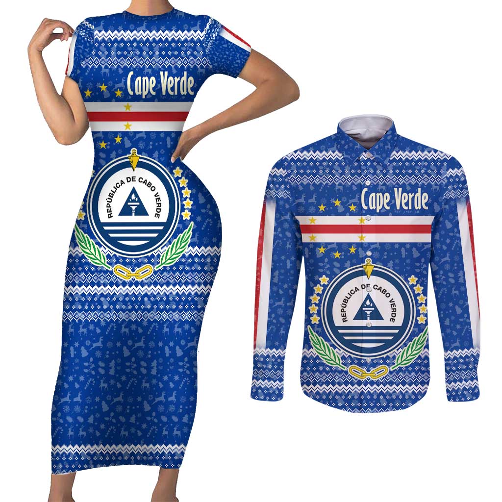 Cape Verde Christmas Couples Matching Short Sleeve Bodycon Dress and Long Sleeve Button Shirt with Blue Festive Pattern Sailing Santa and National Emblem Motif - Wonder Print Shop