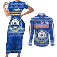 Cape Verde Christmas Couples Matching Short Sleeve Bodycon Dress and Long Sleeve Button Shirt with Blue Festive Pattern Sailing Santa and National Emblem Motif - Wonder Print Shop
