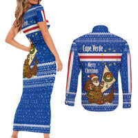 Cape Verde Christmas Couples Matching Short Sleeve Bodycon Dress and Long Sleeve Button Shirt with Blue Festive Pattern Sailing Santa and National Emblem Motif - Wonder Print Shop