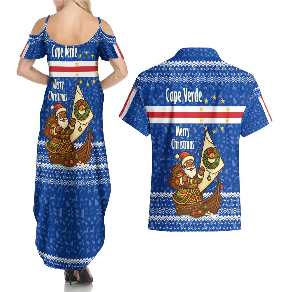 Cape Verde Christmas Couples Matching Summer Maxi Dress and Hawaiian Shirt with Blue Festive Pattern Sailing Santa and National Emblem Motif - Wonder Print Shop