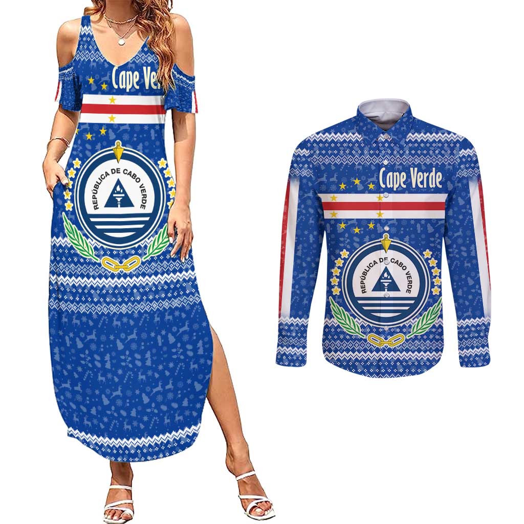 Cape Verde Christmas Couples Matching Summer Maxi Dress and Long Sleeve Button Shirt with Blue Festive Pattern Sailing Santa and National Emblem Motif - Wonder Print Shop