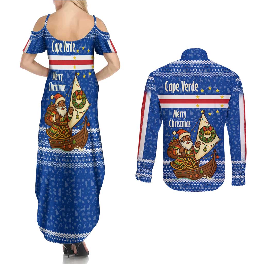 Cape Verde Christmas Couples Matching Summer Maxi Dress and Long Sleeve Button Shirt with Blue Festive Pattern Sailing Santa and National Emblem Motif - Wonder Print Shop
