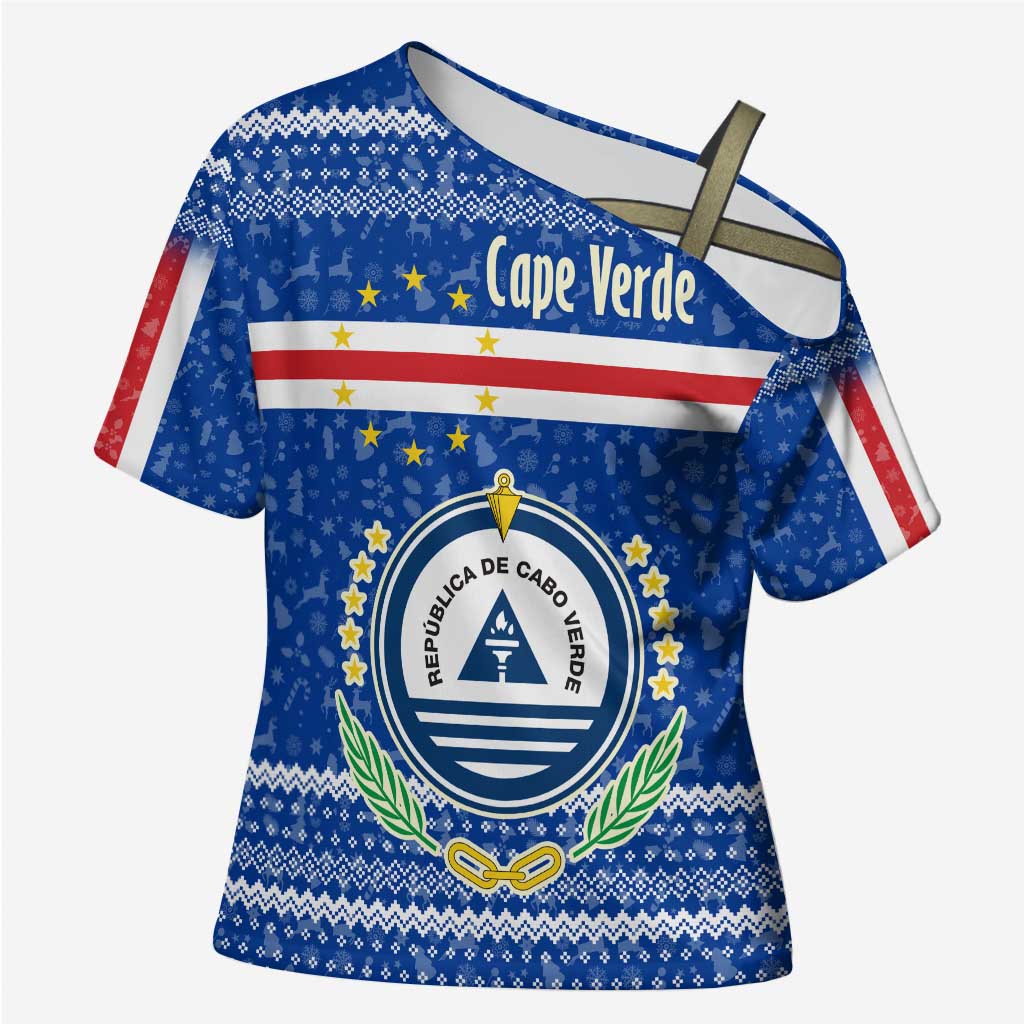 Cape Verde Christmas Cross Shoulder Shirt with Blue Festive Pattern Sailing Santa and National Emblem Motif - Wonder Print Shop