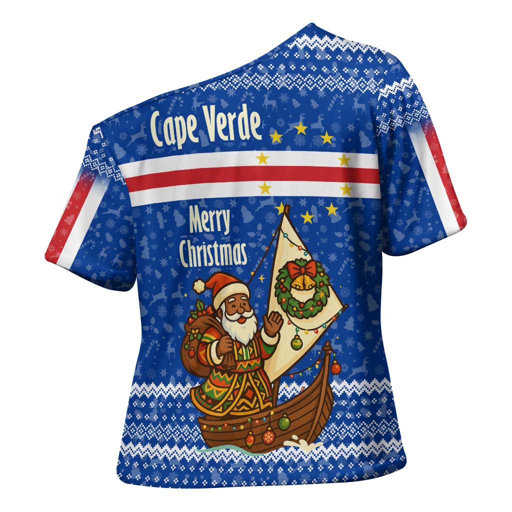 Cape Verde Christmas Cross Shoulder Shirt with Blue Festive Pattern Sailing Santa and National Emblem Motif - Wonder Print Shop