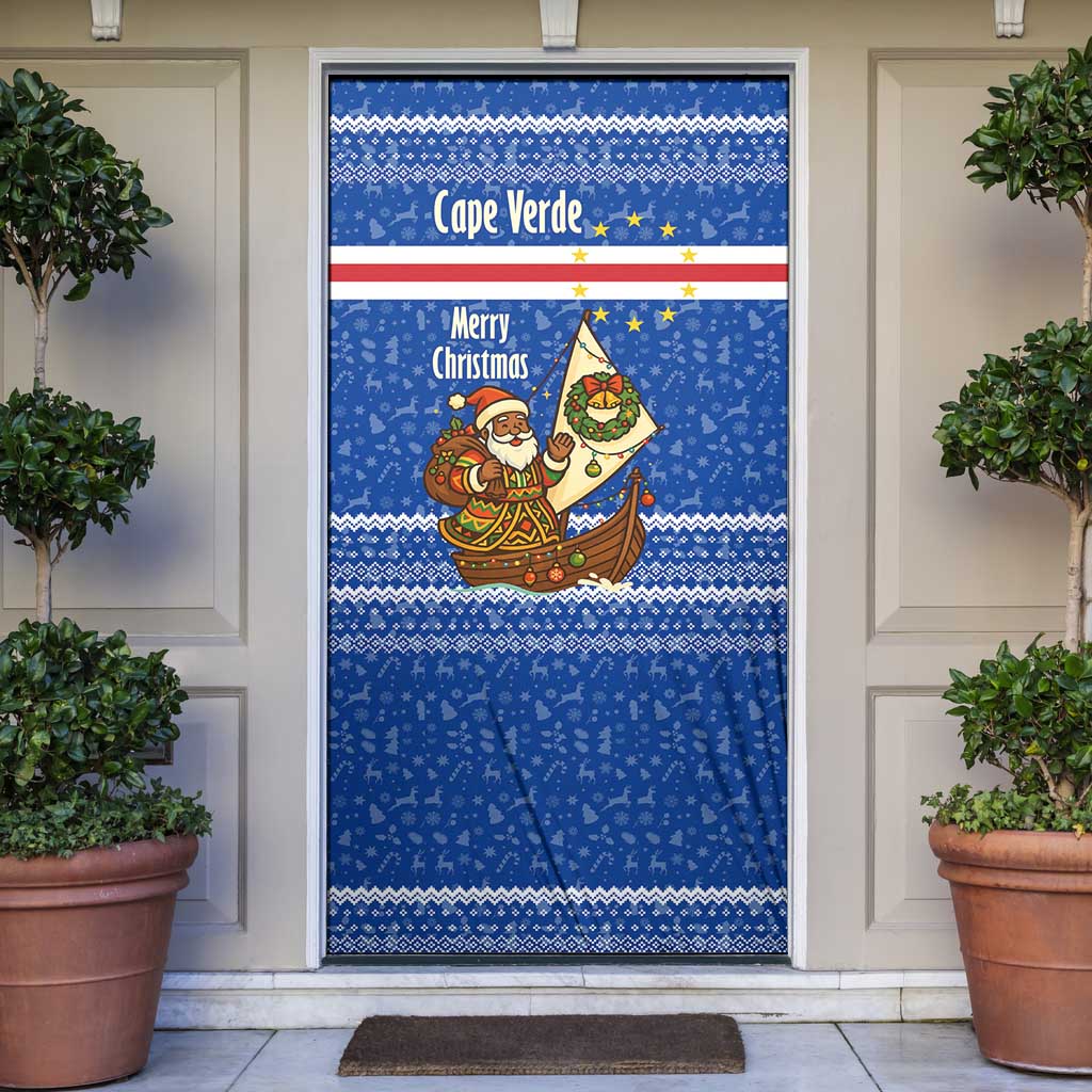 Cape Verde Christmas Door Cover with Blue Festive Pattern Sailing Santa and National Emblem Motif - Wonder Print Shop