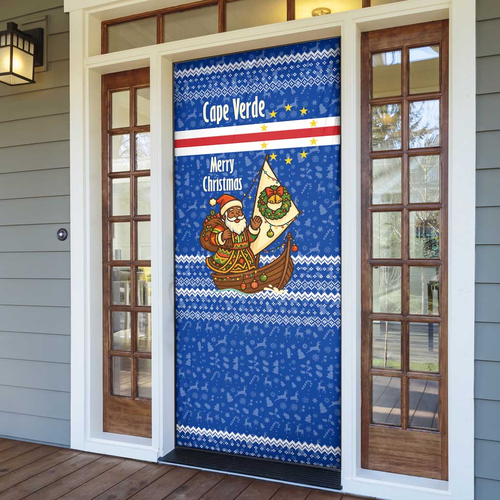 Cape Verde Christmas Door Cover with Blue Festive Pattern Sailing Santa and National Emblem Motif - Wonder Print Shop