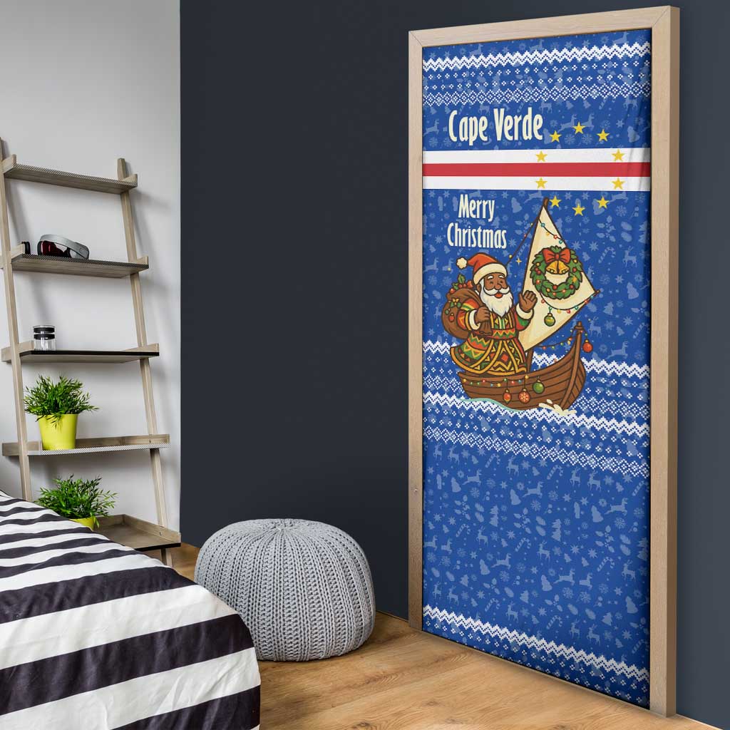 Cape Verde Christmas Door Cover with Blue Festive Pattern Sailing Santa and National Emblem Motif - Wonder Print Shop