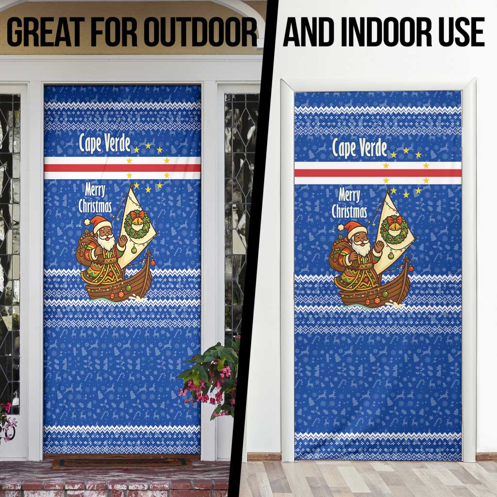 Cape Verde Christmas Door Cover with Blue Festive Pattern Sailing Santa and National Emblem Motif - Wonder Print Shop