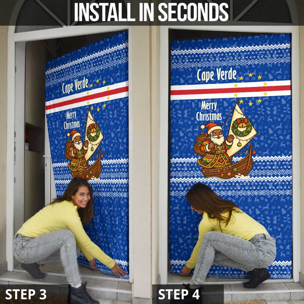 Cape Verde Christmas Door Cover with Blue Festive Pattern Sailing Santa and National Emblem Motif - Wonder Print Shop