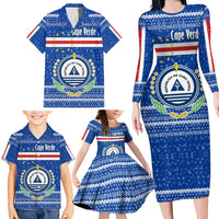 Cape Verde Christmas Family Matching Long Sleeve Bodycon Dress and Hawaiian Shirt with Blue Festive Pattern Sailing Santa and National Emblem Motif - Wonder Print Shop