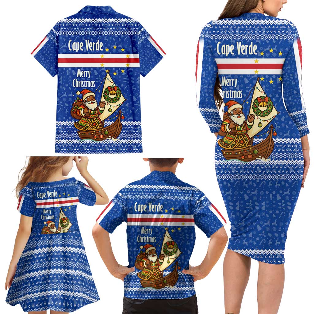 Cape Verde Christmas Family Matching Long Sleeve Bodycon Dress and Hawaiian Shirt with Blue Festive Pattern Sailing Santa and National Emblem Motif - Wonder Print Shop
