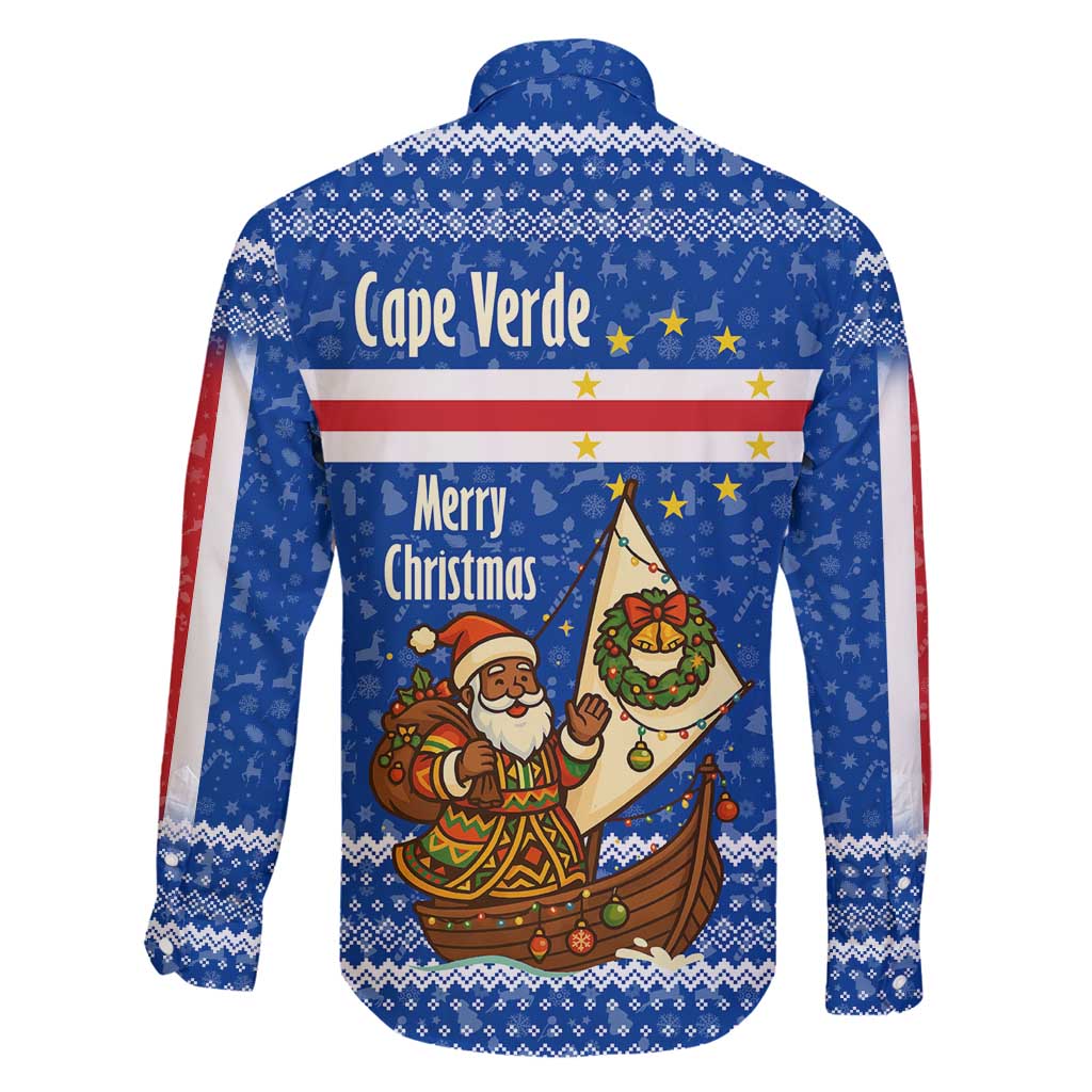 Cape Verde Christmas Family Matching Long Sleeve Bodycon Dress and Hawaiian Shirt with Blue Festive Pattern Sailing Santa and National Emblem Motif - Wonder Print Shop