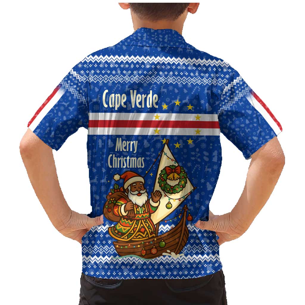 Cape Verde Christmas Family Matching Mermaid Dress and Hawaiian Shirt with Blue Festive Pattern Sailing Santa and National Emblem Motif - Wonder Print Shop