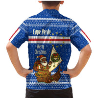 Cape Verde Christmas Family Matching Mermaid Dress and Hawaiian Shirt with Blue Festive Pattern Sailing Santa and National Emblem Motif - Wonder Print Shop