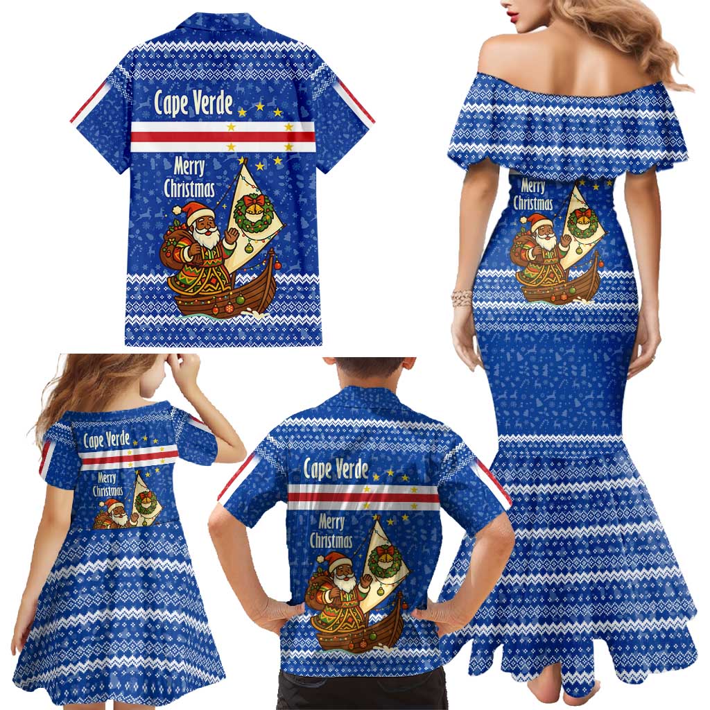 Cape Verde Christmas Family Matching Mermaid Dress and Hawaiian Shirt with Blue Festive Pattern Sailing Santa and National Emblem Motif - Wonder Print Shop