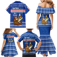 Cape Verde Christmas Family Matching Mermaid Dress and Hawaiian Shirt with Blue Festive Pattern Sailing Santa and National Emblem Motif - Wonder Print Shop