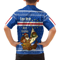 Cape Verde Christmas Family Matching Off The Shoulder Long Sleeve Dress and Hawaiian Shirt with Blue Festive Pattern Sailing Santa and National Emblem Motif - Wonder Print Shop