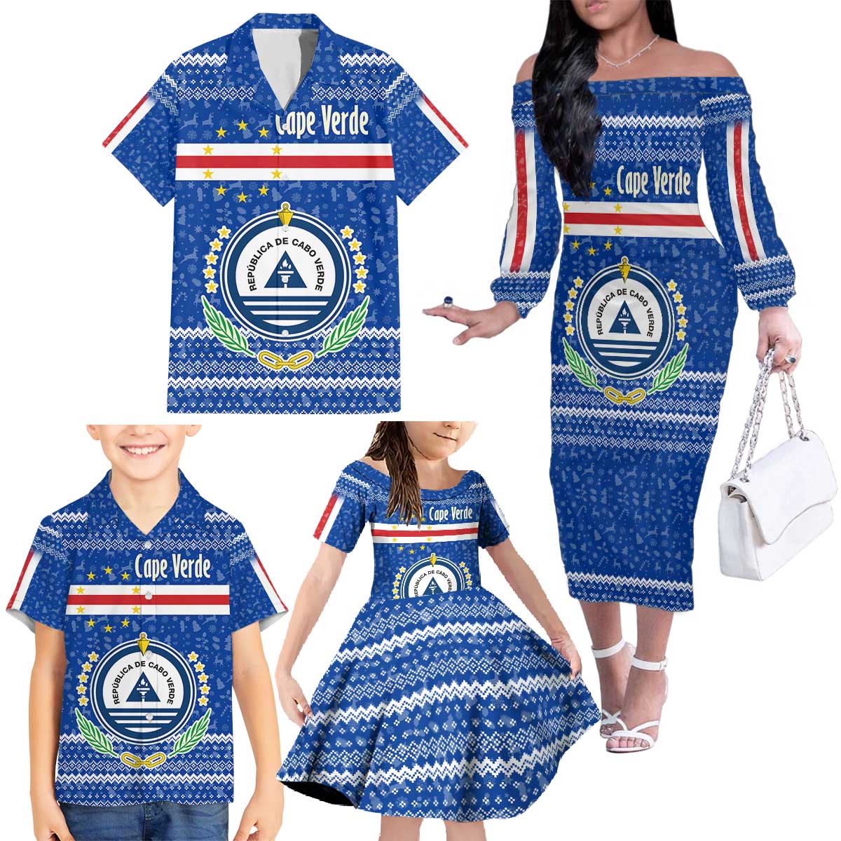 Cape Verde Christmas Family Matching Off The Shoulder Long Sleeve Dress and Hawaiian Shirt with Blue Festive Pattern Sailing Santa and National Emblem Motif - Wonder Print Shop