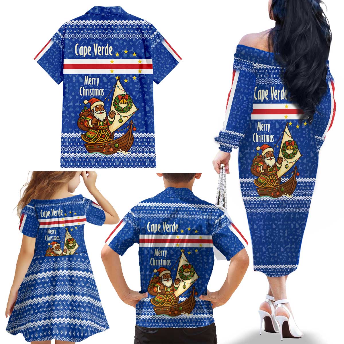 Cape Verde Christmas Family Matching Off The Shoulder Long Sleeve Dress and Hawaiian Shirt with Blue Festive Pattern Sailing Santa and National Emblem Motif - Wonder Print Shop