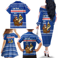 Cape Verde Christmas Family Matching Off The Shoulder Long Sleeve Dress and Hawaiian Shirt with Blue Festive Pattern Sailing Santa and National Emblem Motif - Wonder Print Shop