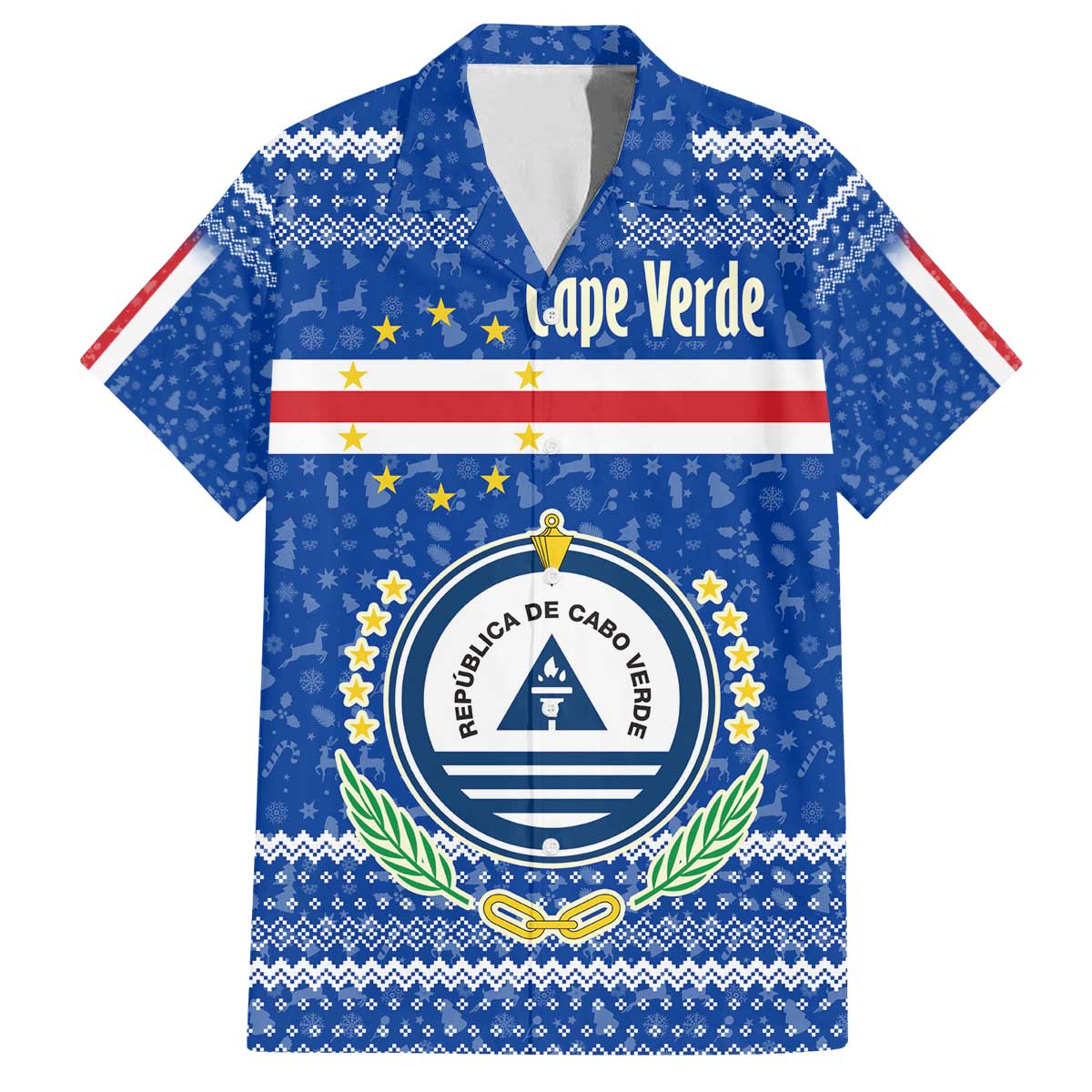 Cape Verde Christmas Family Matching Off The Shoulder Long Sleeve Dress and Hawaiian Shirt with Blue Festive Pattern Sailing Santa and National Emblem Motif - Wonder Print Shop