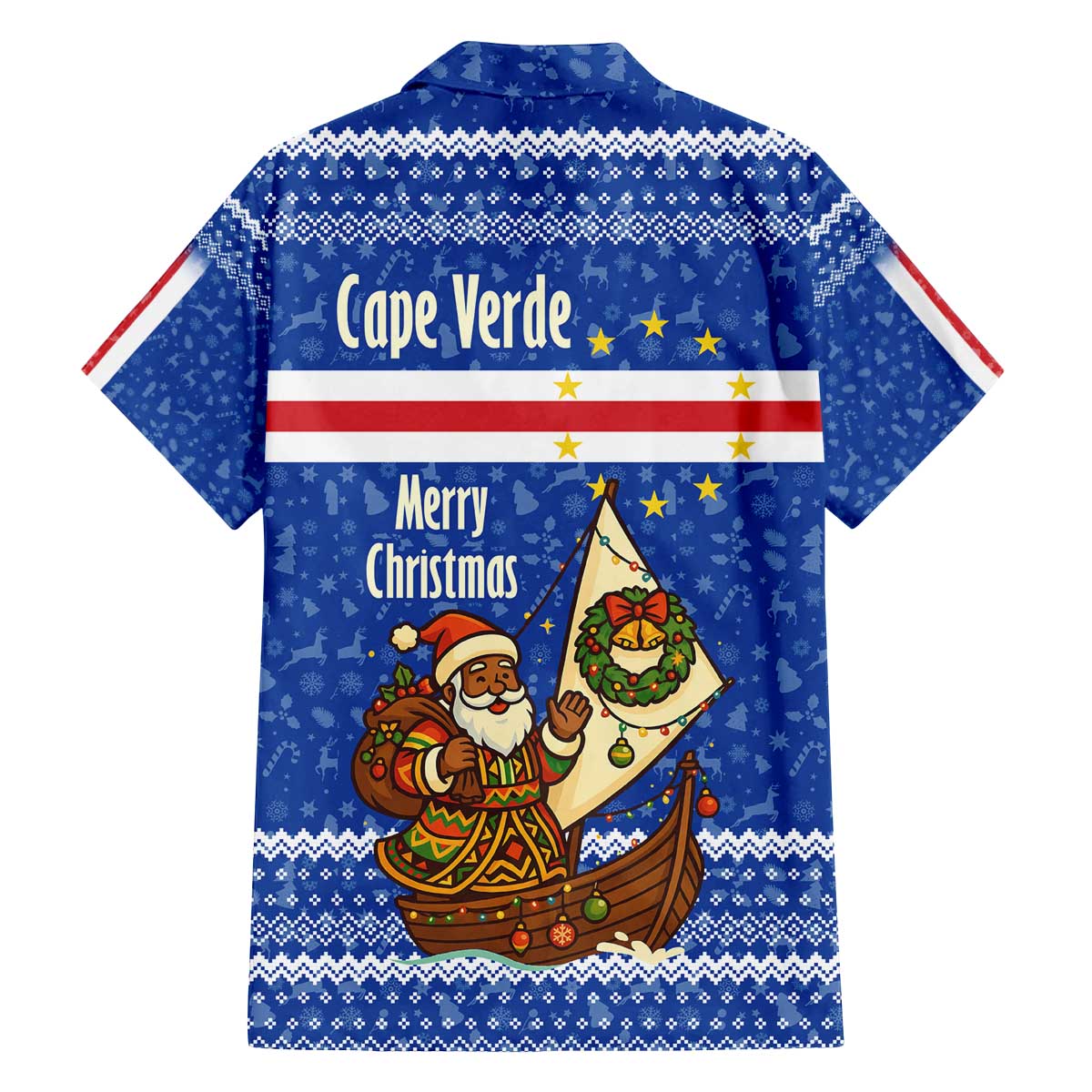 Cape Verde Christmas Family Matching Off The Shoulder Long Sleeve Dress and Hawaiian Shirt with Blue Festive Pattern Sailing Santa and National Emblem Motif - Wonder Print Shop
