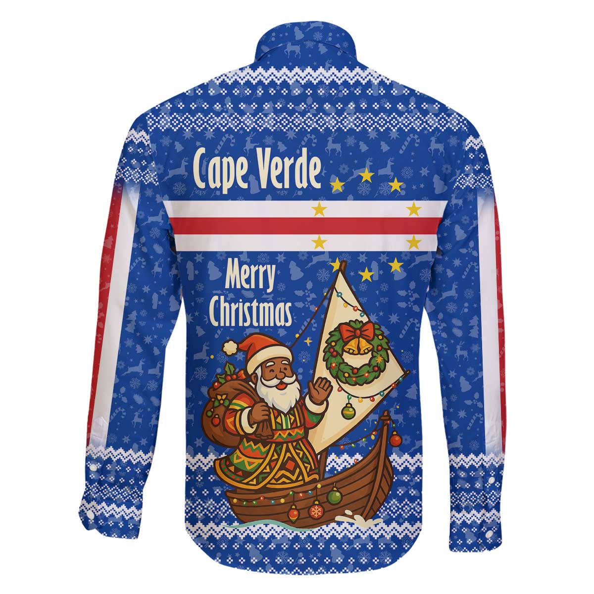 Cape Verde Christmas Family Matching Off The Shoulder Long Sleeve Dress and Hawaiian Shirt with Blue Festive Pattern Sailing Santa and National Emblem Motif - Wonder Print Shop