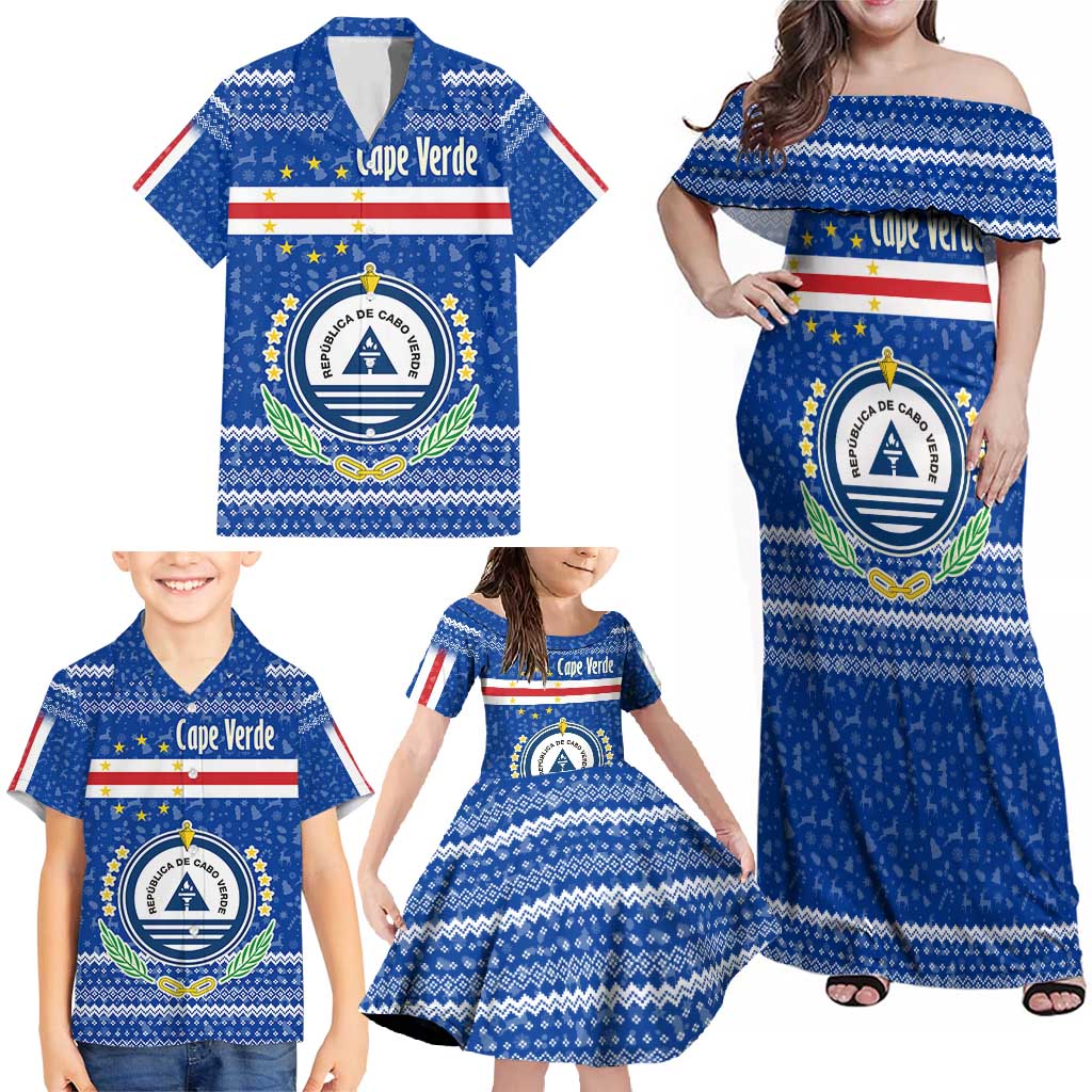 Cape Verde Christmas Family Matching Off Shoulder Maxi Dress and Hawaiian Shirt with Blue Festive Pattern Sailing Santa and National Emblem Motif - Wonder Print Shop