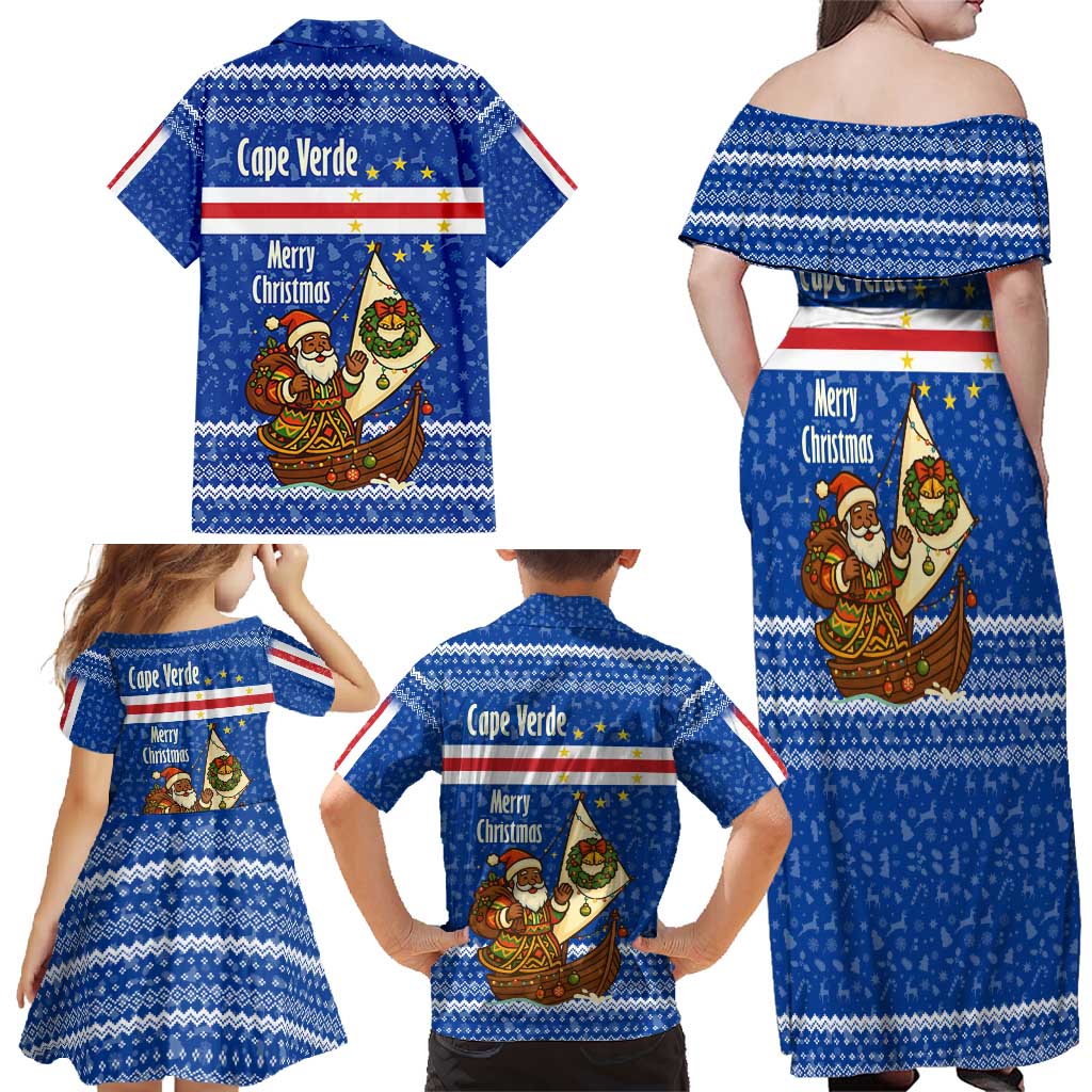 Cape Verde Christmas Family Matching Off Shoulder Maxi Dress and Hawaiian Shirt with Blue Festive Pattern Sailing Santa and National Emblem Motif - Wonder Print Shop