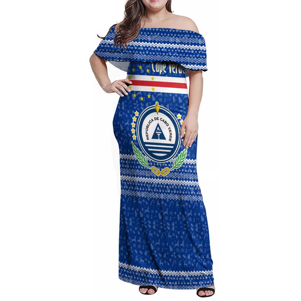 Cape Verde Christmas Family Matching Off Shoulder Maxi Dress and Hawaiian Shirt with Blue Festive Pattern Sailing Santa and National Emblem Motif - Wonder Print Shop