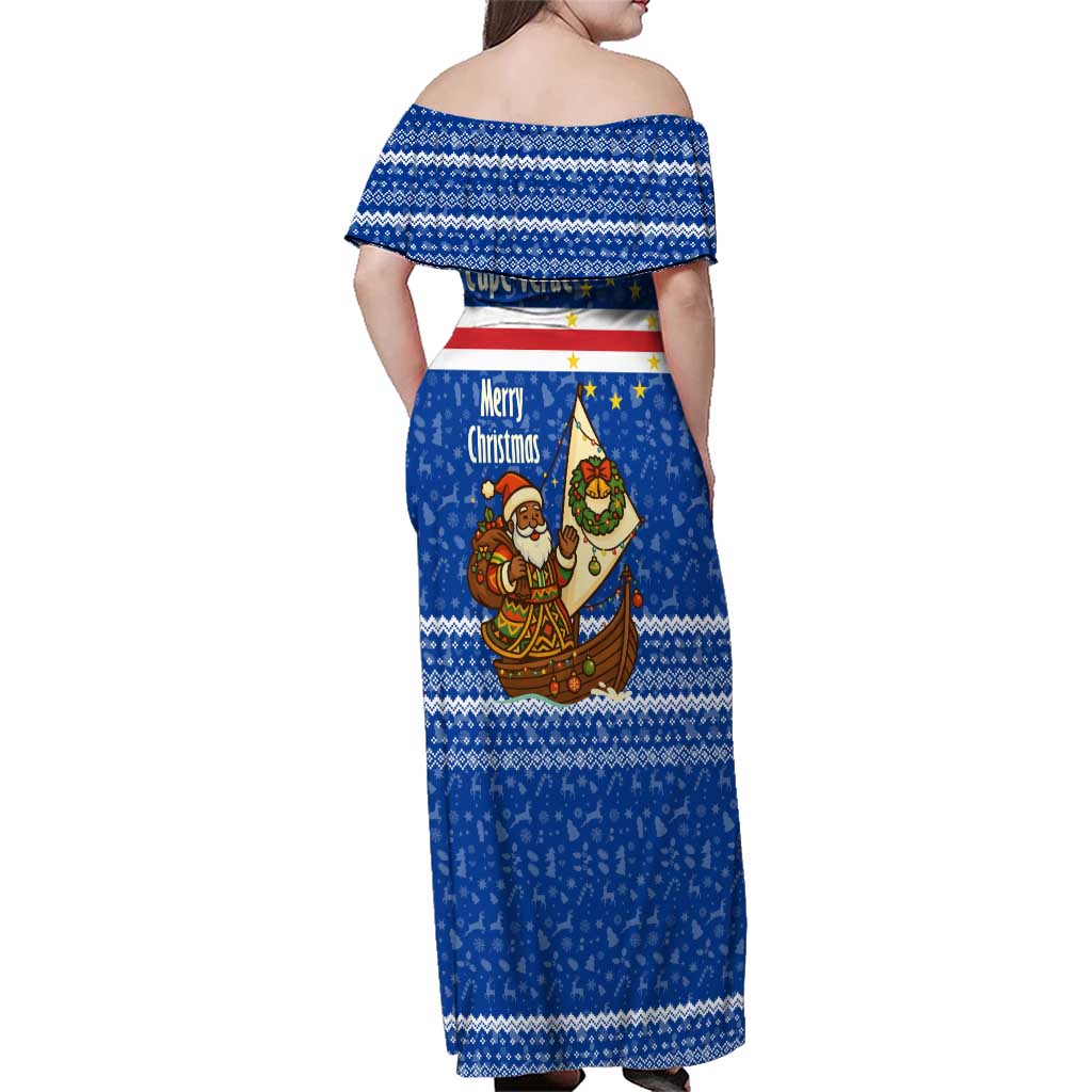 Cape Verde Christmas Family Matching Off Shoulder Maxi Dress and Hawaiian Shirt with Blue Festive Pattern Sailing Santa and National Emblem Motif - Wonder Print Shop