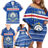 Cape Verde Christmas Family Matching Off Shoulder Short Dress and Hawaiian Shirt with Blue Festive Pattern Sailing Santa and National Emblem Motif - Wonder Print Shop