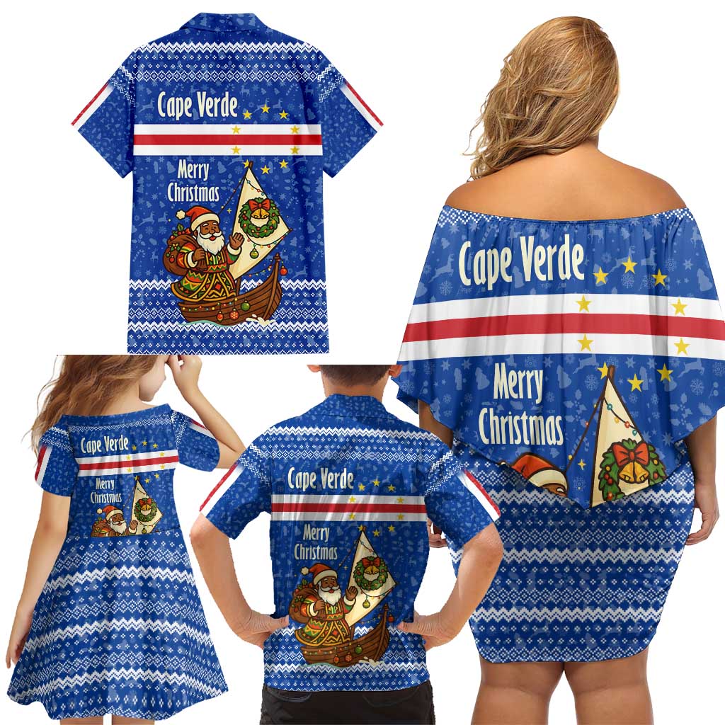 Cape Verde Christmas Family Matching Off Shoulder Short Dress and Hawaiian Shirt with Blue Festive Pattern Sailing Santa and National Emblem Motif - Wonder Print Shop